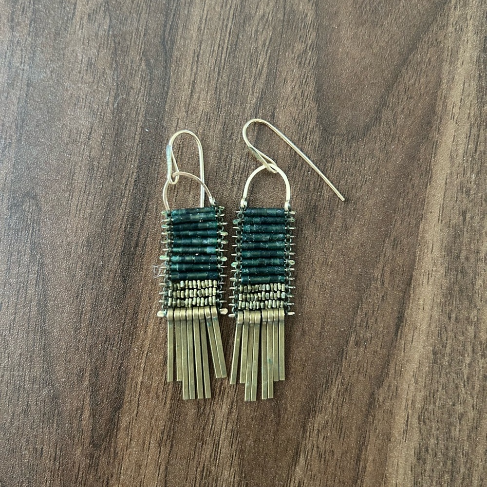 Gold & Dark Green Beaded Fringe Drop Earrings - Women Jewelry